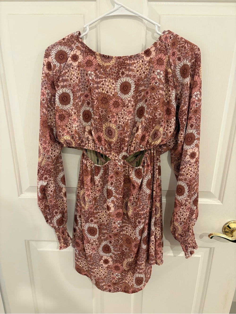 Boho Floral Cutout Long Sleeve Mini Dress - Pink & Brown - Picture 1 of 2